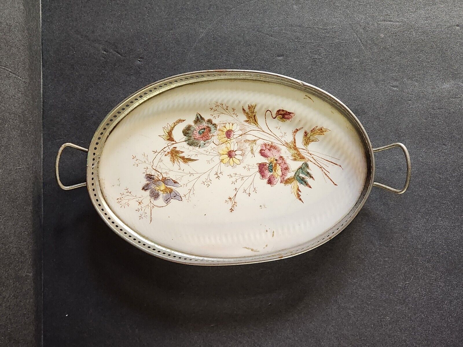 Vintage Oval Metal & Ceramic Floral Tray  