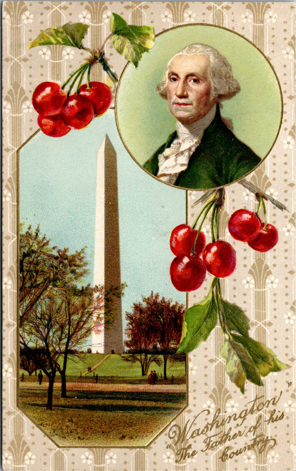 Vtg 1910s Washington Father Of His Country Monument Cherries Embossed Postcard