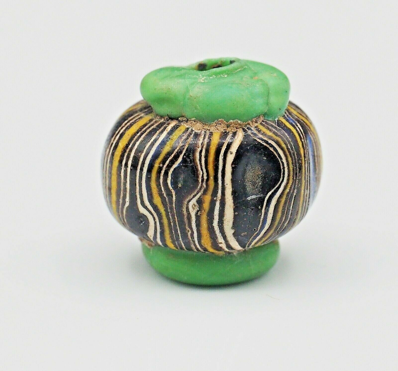 Antique Islamic Cultured Handmade Folded Core Form Swirl Green Cap Glass bead