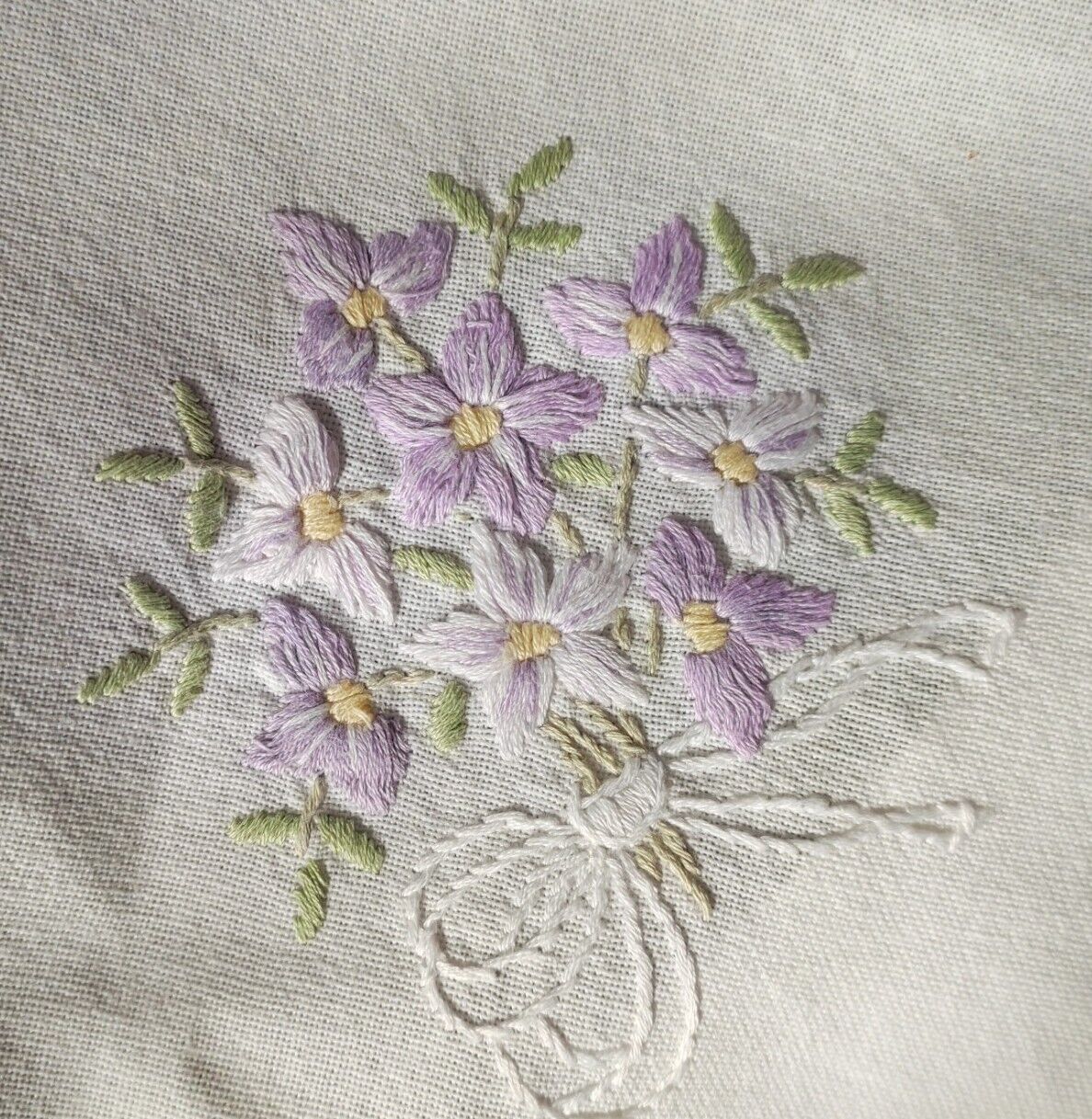 German Cotton Handmade Embroidered Square Tablecloth, Pastel Violet Flowers