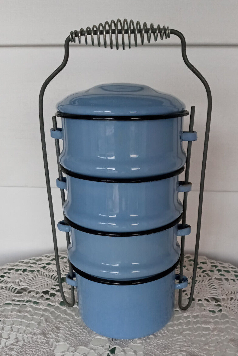 Vintage Blue Enamel Tiffin / Stackable Lunch Pail