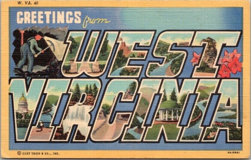 Vintage WEST VIRGINIA Large Letter Postcard Mutli-View Curteich Linen / c1939