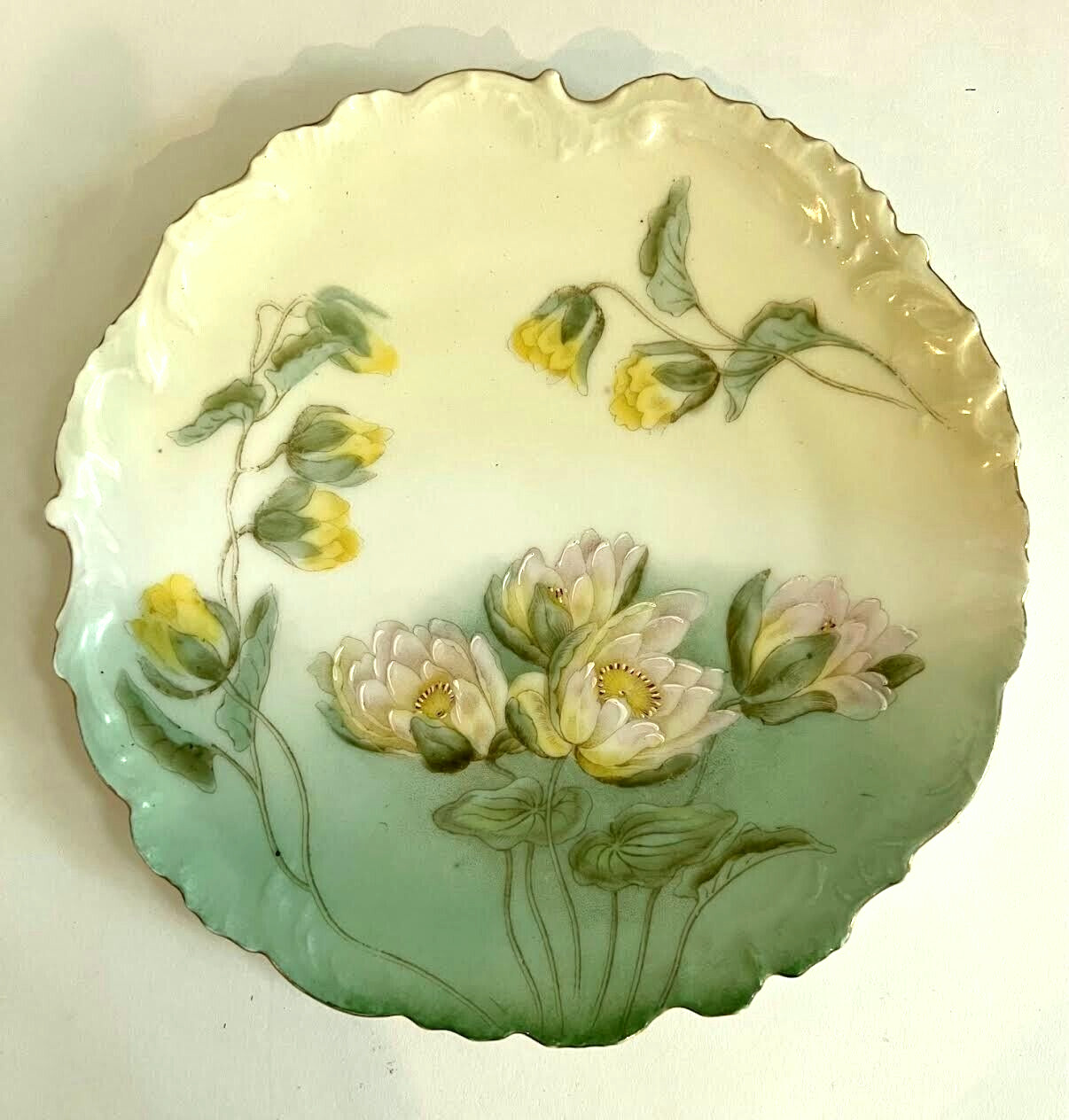 Antique Porcelain Hand-Painted Water Lilies Floral Cabinet Plate Bavaria
