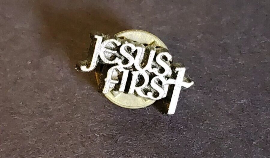 Vintage Jesus First Cross Gold Tone Lettered Lapel Pin Christian Religious