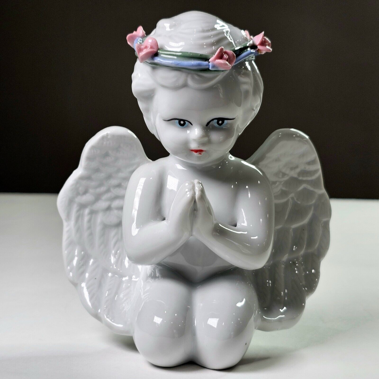 Vintage Porcelain Figurine glossy ANGEL white with blue Crown Pink Flowers 6\