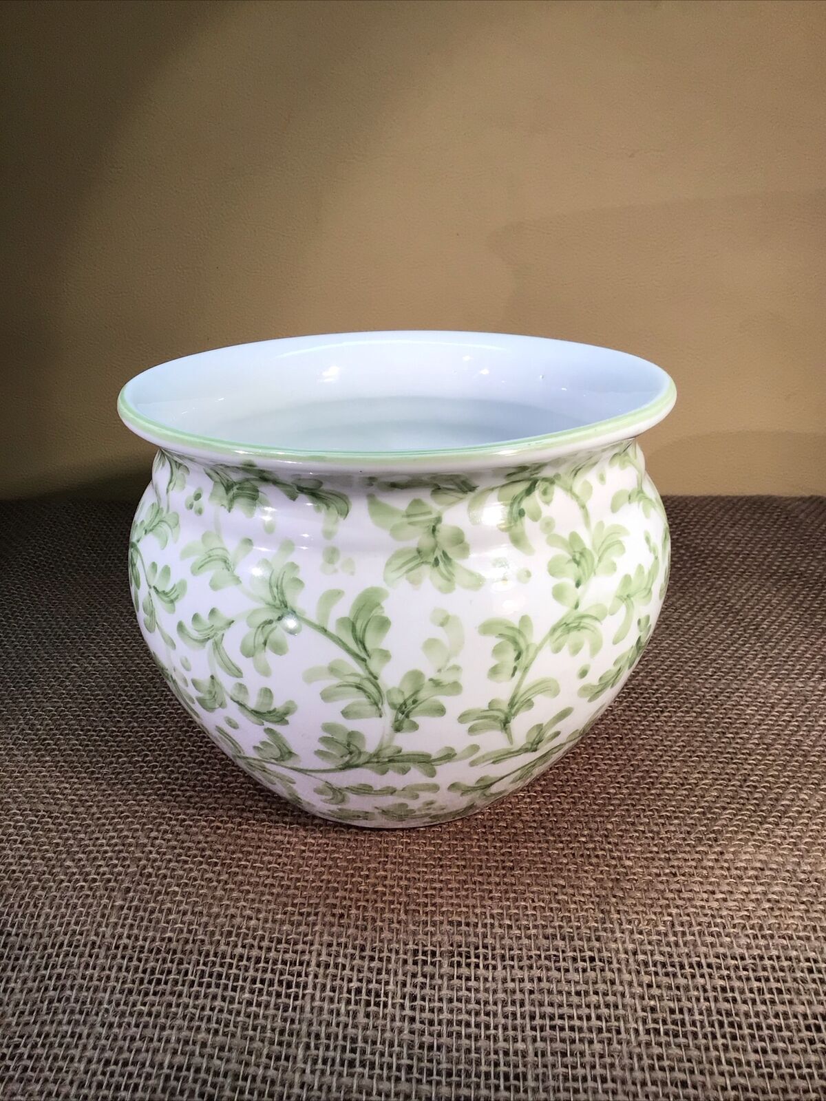 Handpainted Vase White & Green Foliage, Ceramic Porcelain Charles Sadek Import