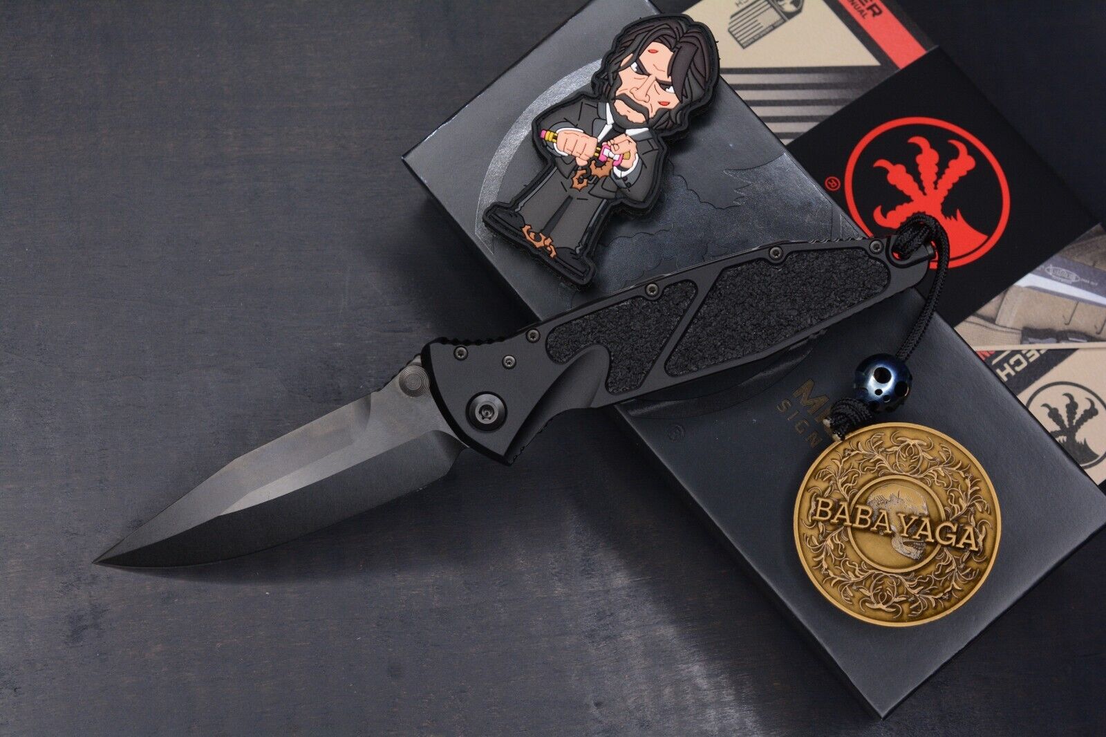 Microtech Sig. Socom Elite SHADOW Speapoint w/Plague Bead & John Wick Patch Set