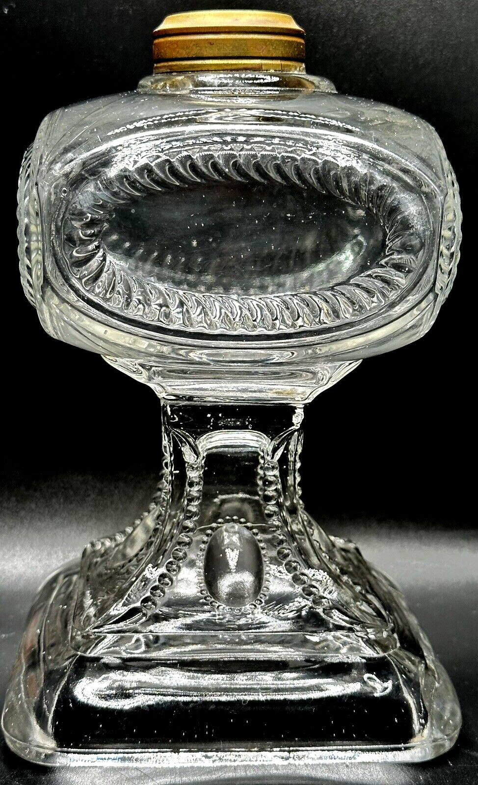 Antique FEATHERED CARTOUCHE Kerosene Oil Stand Lamp Optic Glass THURO 1-236