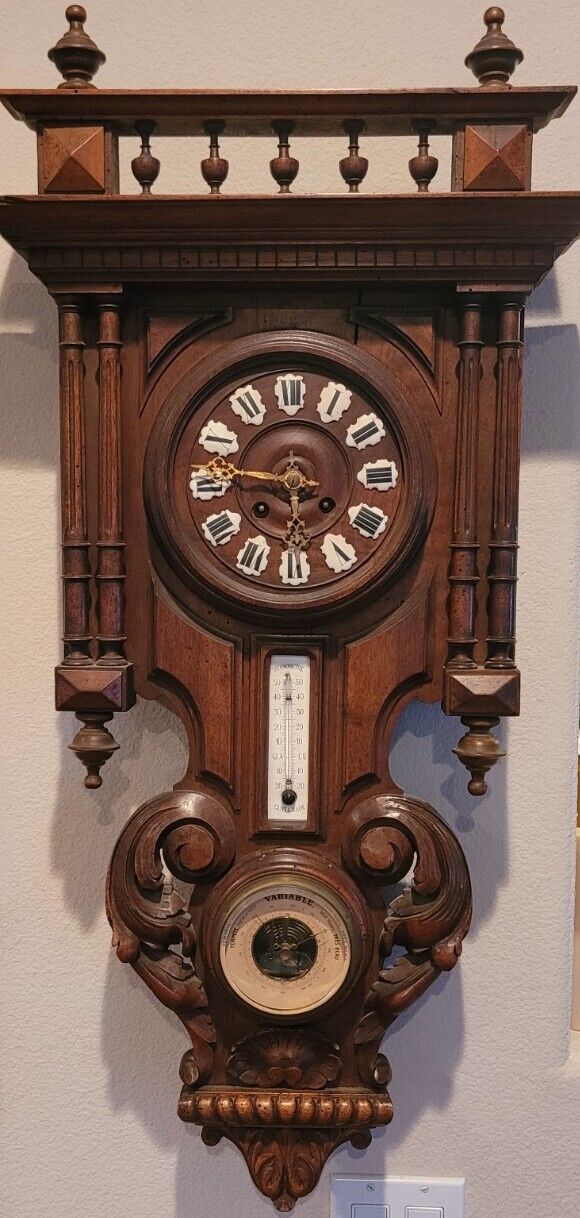 Antique French Carved Walnut Wooden Wall Clock Barometer Weather Station 36\