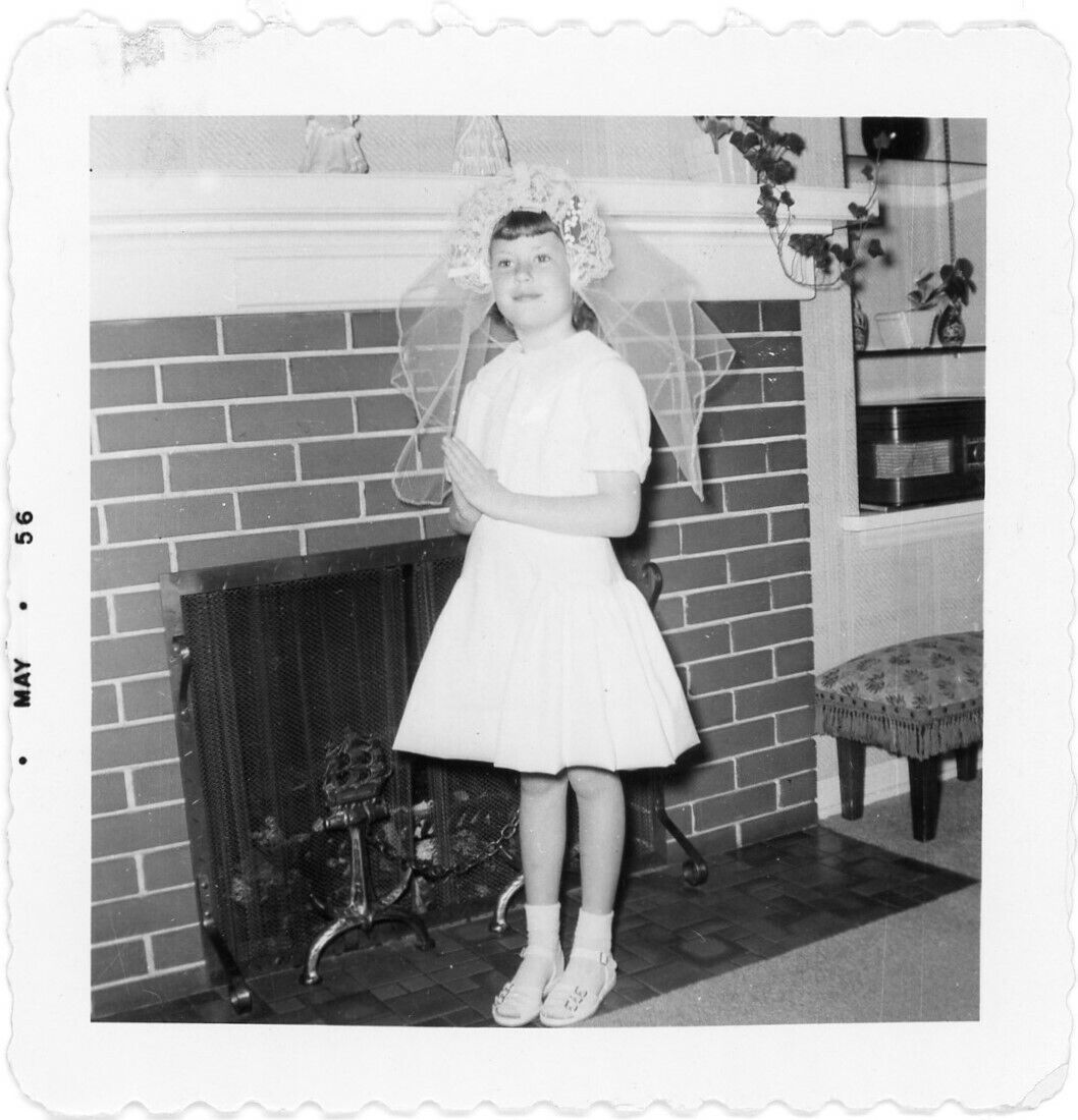 1950s Vintage Photo Girl 1st Communion Dress Veil Catholic Church Snapshot