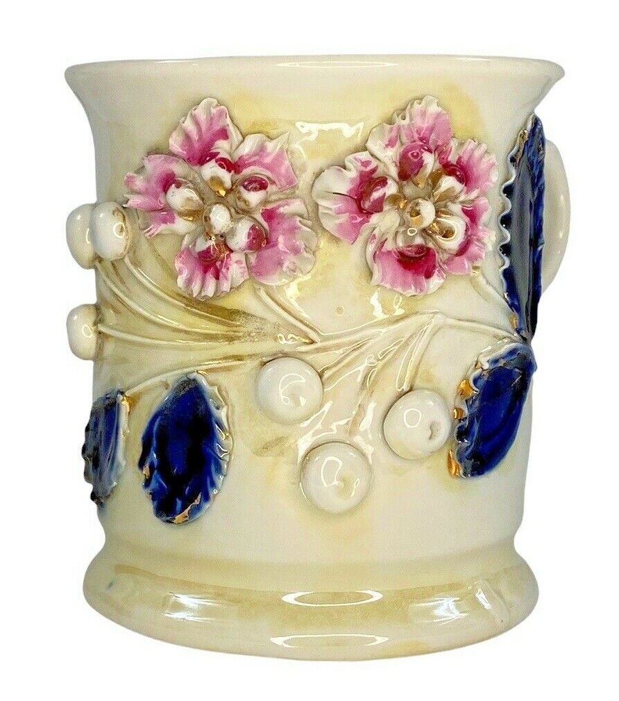Antique German Porcelain Victorian Shaving Mug, Raised Flowers and Cobalt Leaves