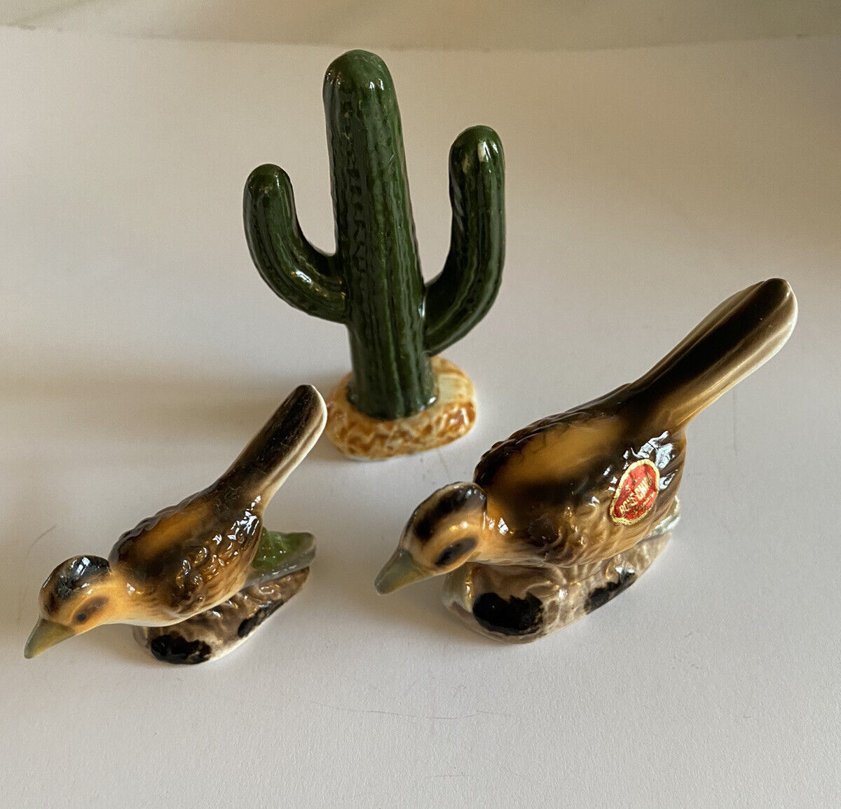 Bone China 2 Road Runners & Cactus Vintage Miniature Figurines S.S. Made Japan