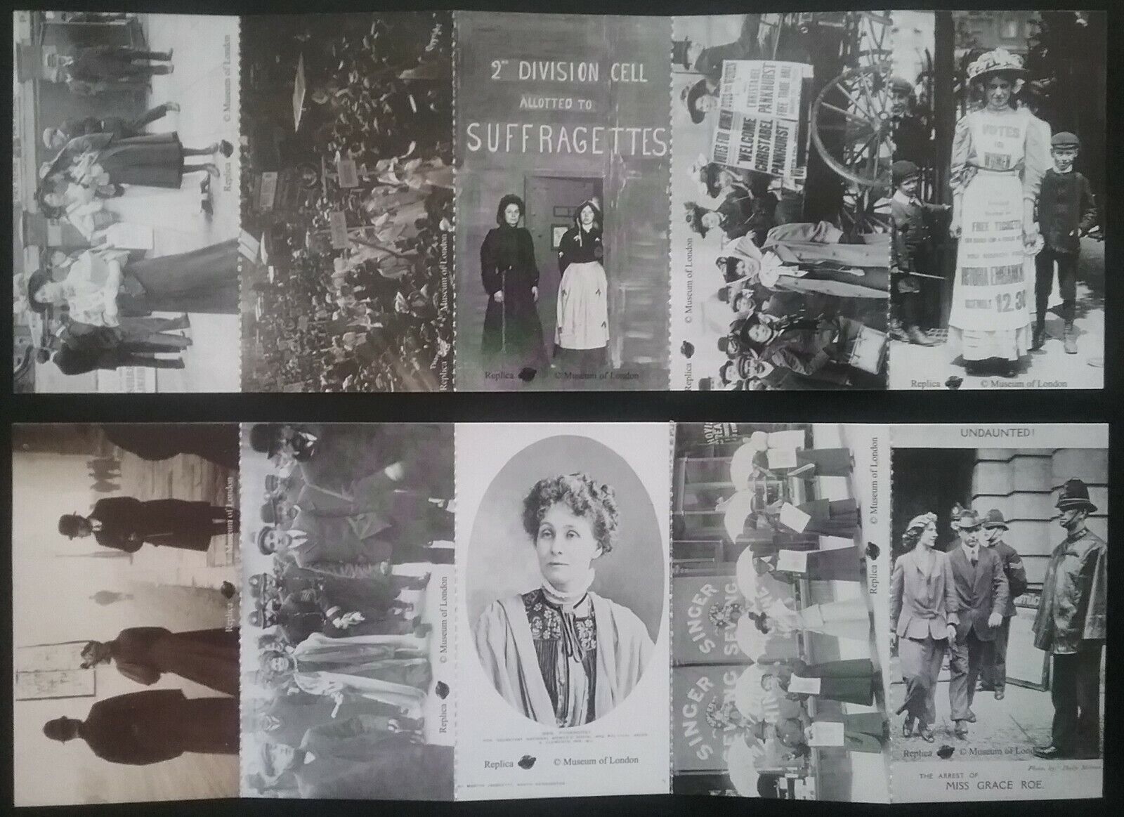 10 SMALL SUFFRAGETTE PICTURE CARDS , PICTURES ONE SIDE AND A PUZZLE ON THE BACK 