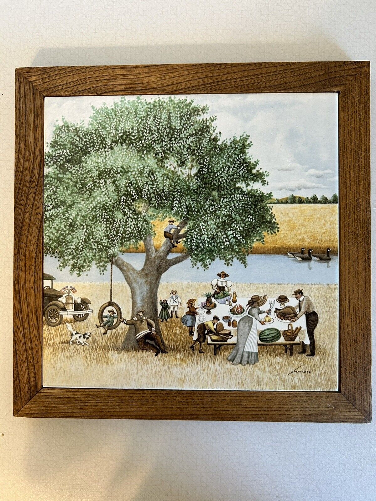 Vintage  Lowell Herrero Plaque Country Picnic 9.5 “ Ceramic Tile with Wood Frame