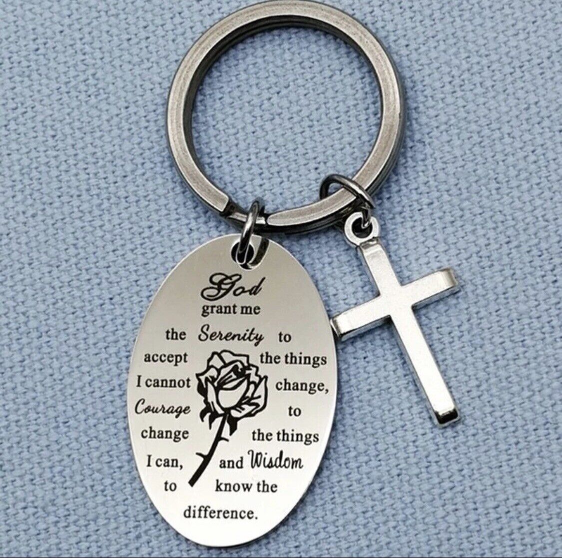 New Serenity Prayer Cross Charm Bible Verse Christian Stainless Steel Keychain