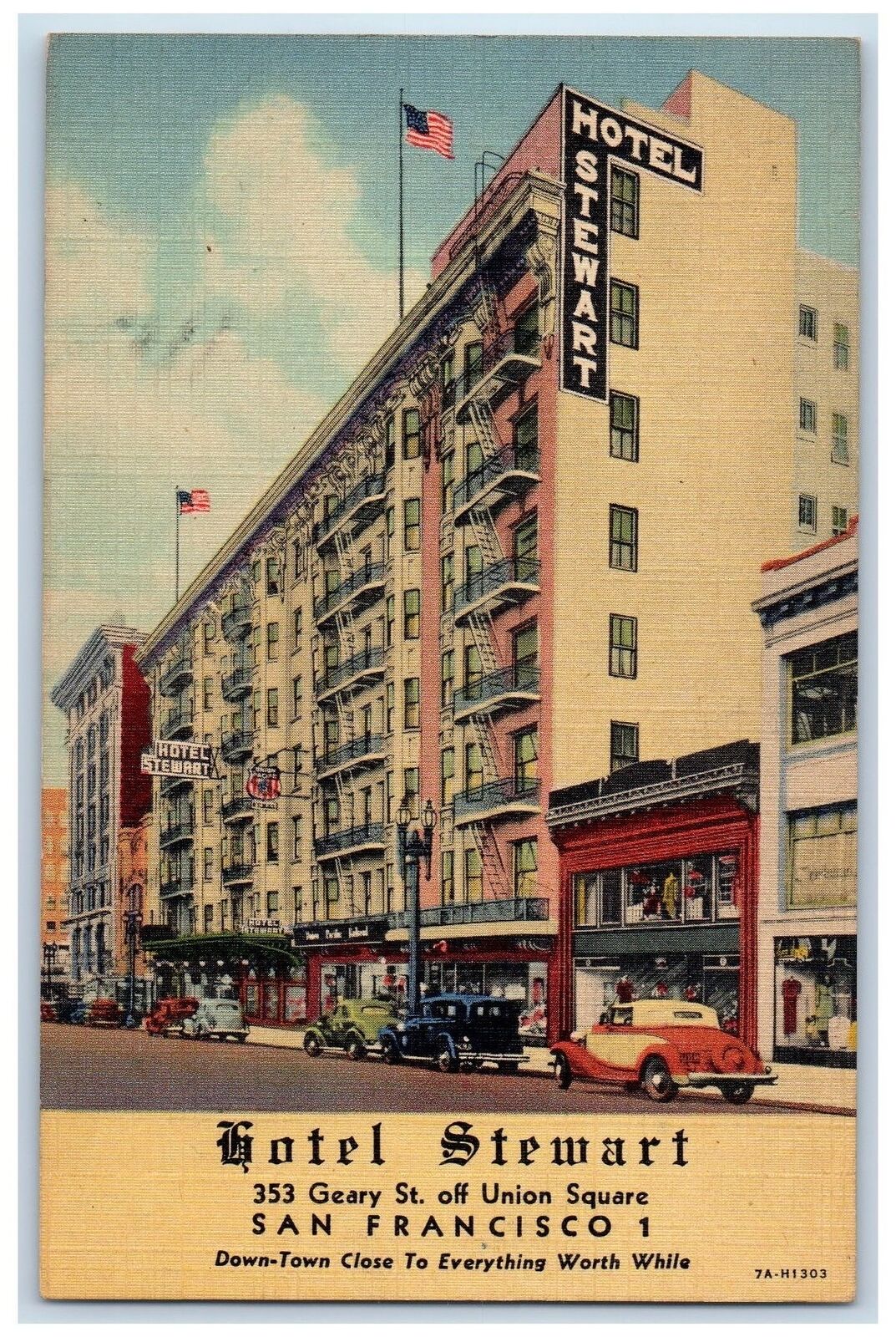 1948 Hotel Stewart Restaurant Classic Cars San Francisco CA Advertising Postcard
