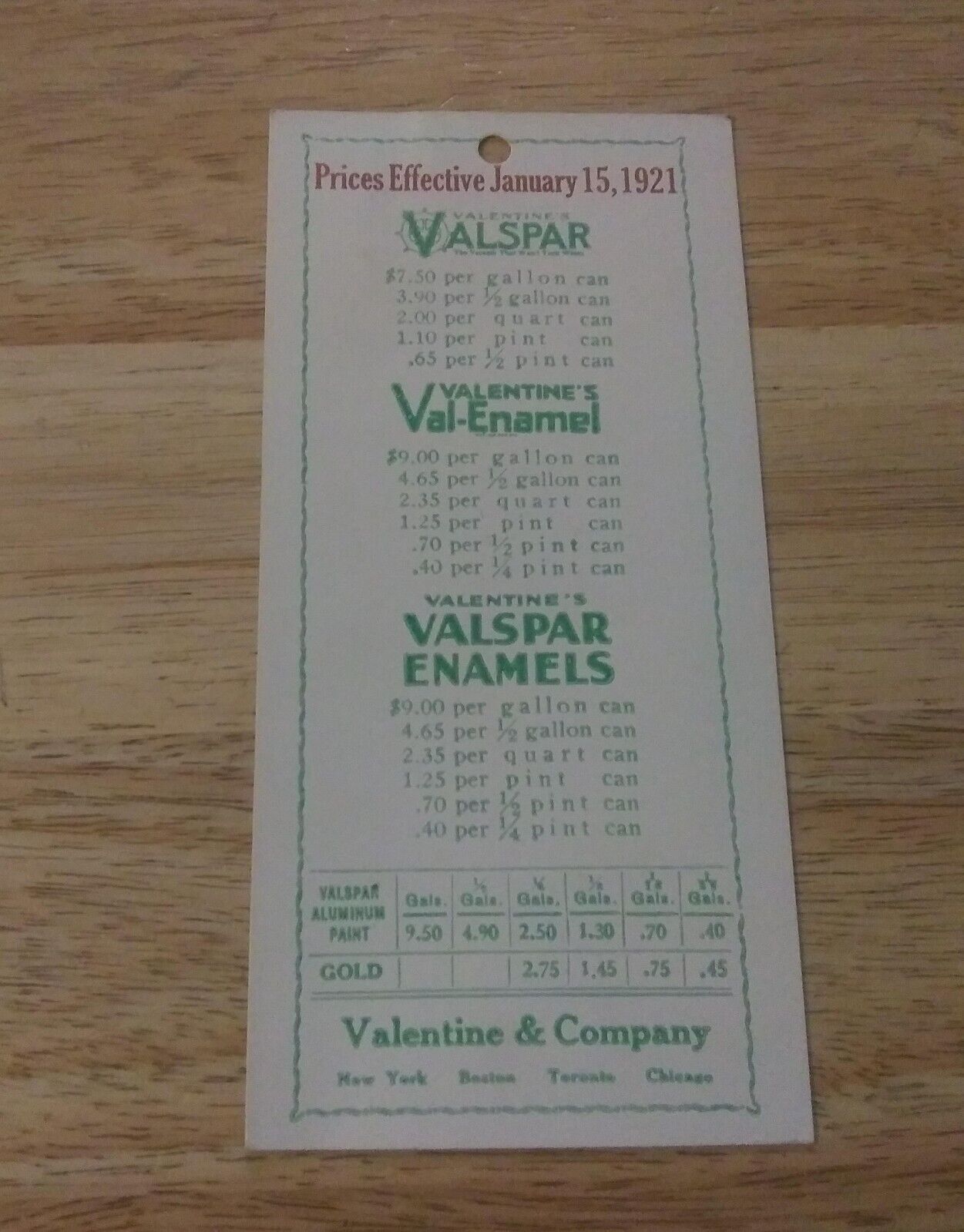 Vintage Valspar Valentine & Company Price List Effective Jan 15, 1921