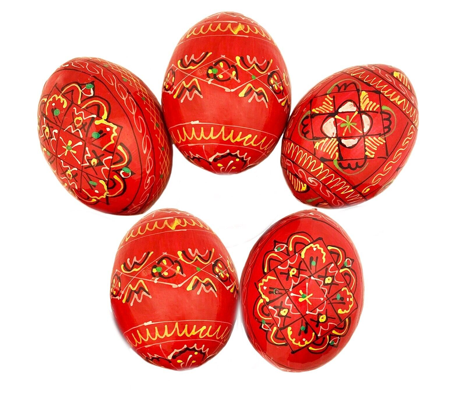 Pysanky Pisanki Hand Painted Ukrainian Wooden Easter Eggs - Pack of 5, Red - 2 5