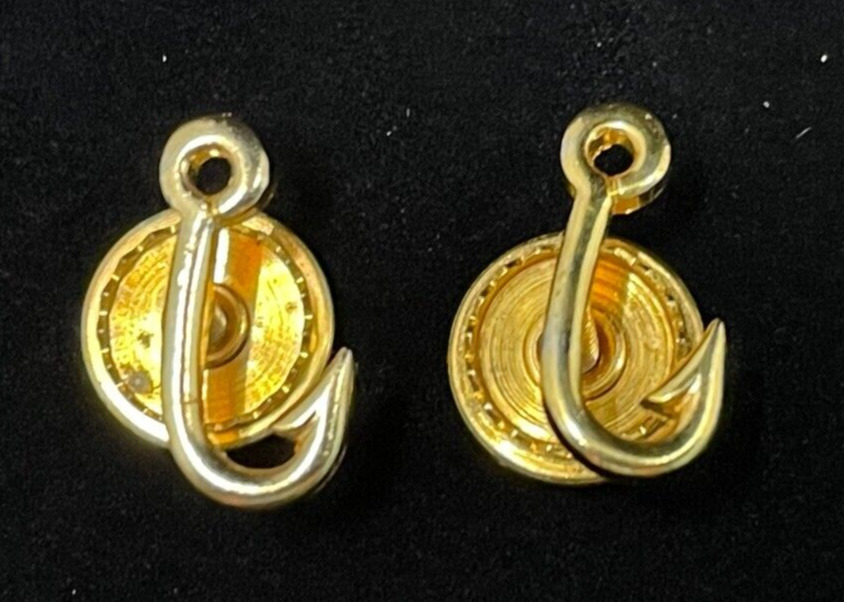 Two Vintage Fish Hook Lapel Pins or Tie Tacks  Screw-back Fasteners Gold Tone