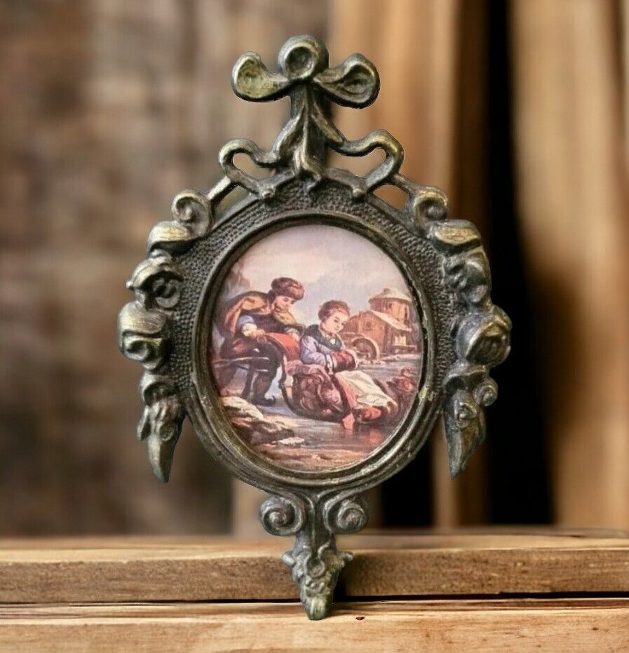 Italian Bronze Ornate Framed in Glass Boy & Girl Sled Victorian art vintage