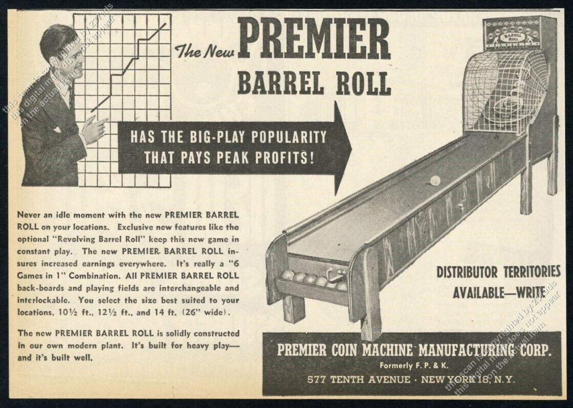1946 Premier Barrel Roll coin-op skee ball like game pic vintage trade print ad
