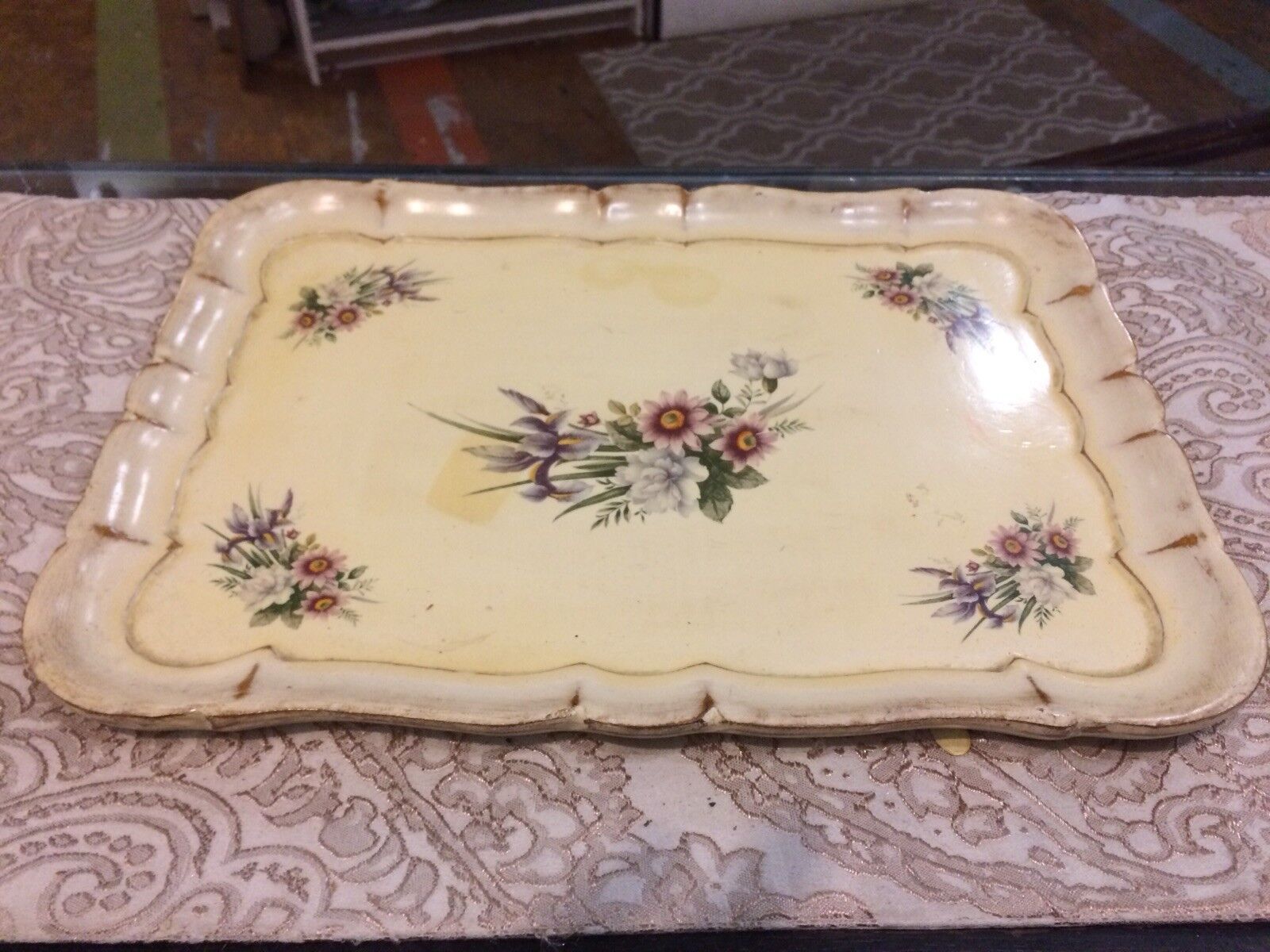 Vintage Antique Italian Tole  Tray Floral Serving Vanity Tray 14”