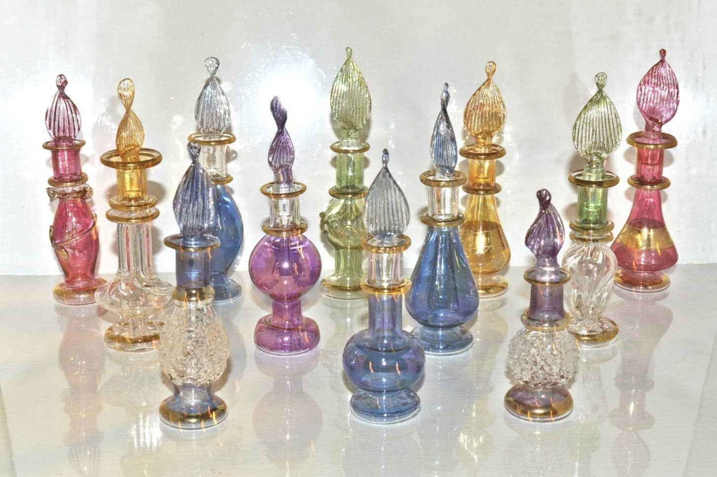 Lot of 6 Tiny Mouth Blown Egyptian Perfume Bottles Glass