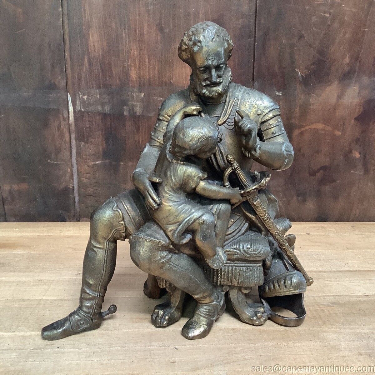 Vintage Bronzed Figure Seated Knight with Child Grabbing his Sword A Scolding 