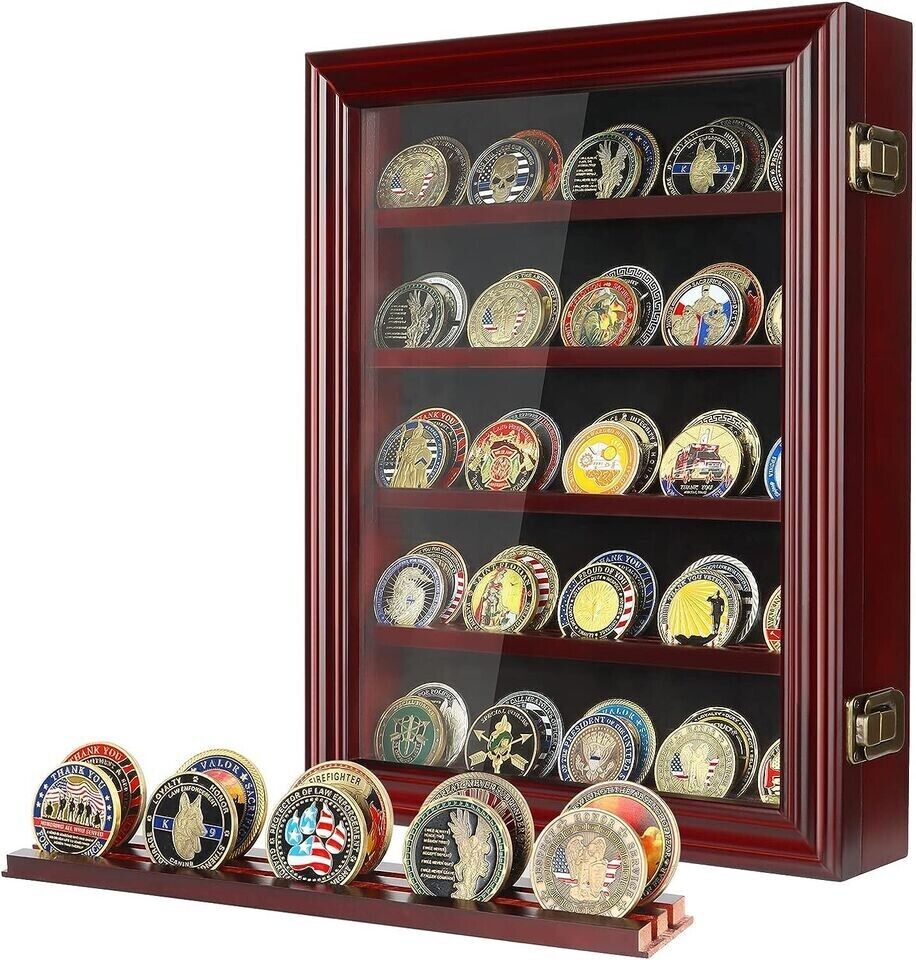 Challenge Coins Display Case HD Toughened Glass Door Coin Holder Wood Wall Mount