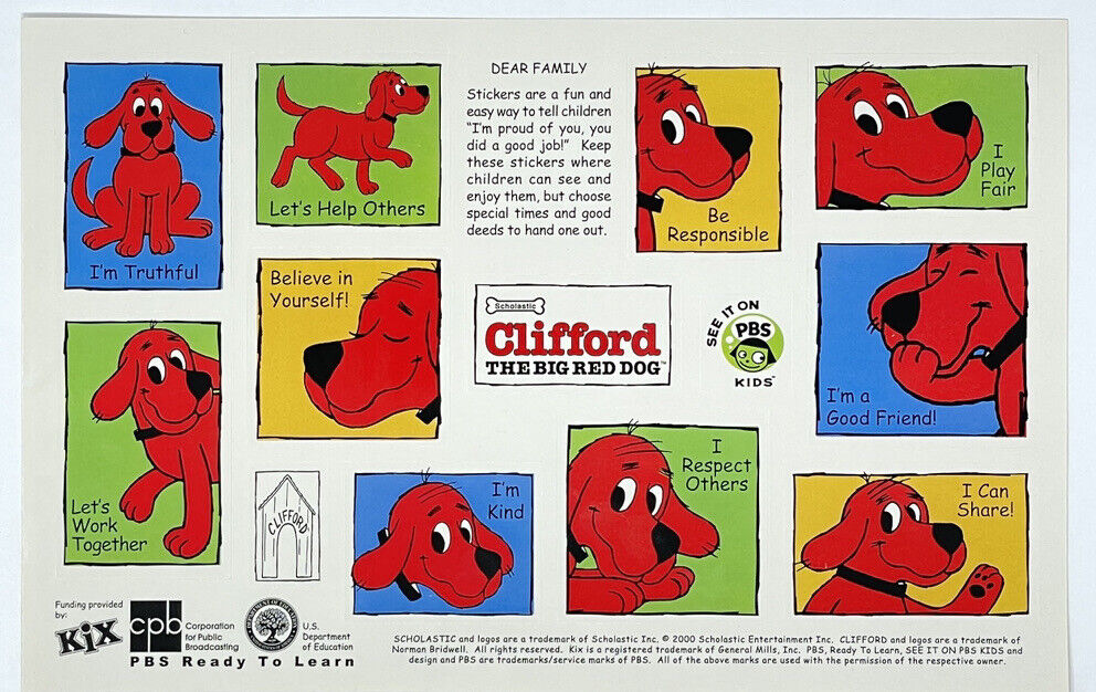 Vintage Clifford The Big Red Dog Sticker Sheet - PBS Kids Scholastic 