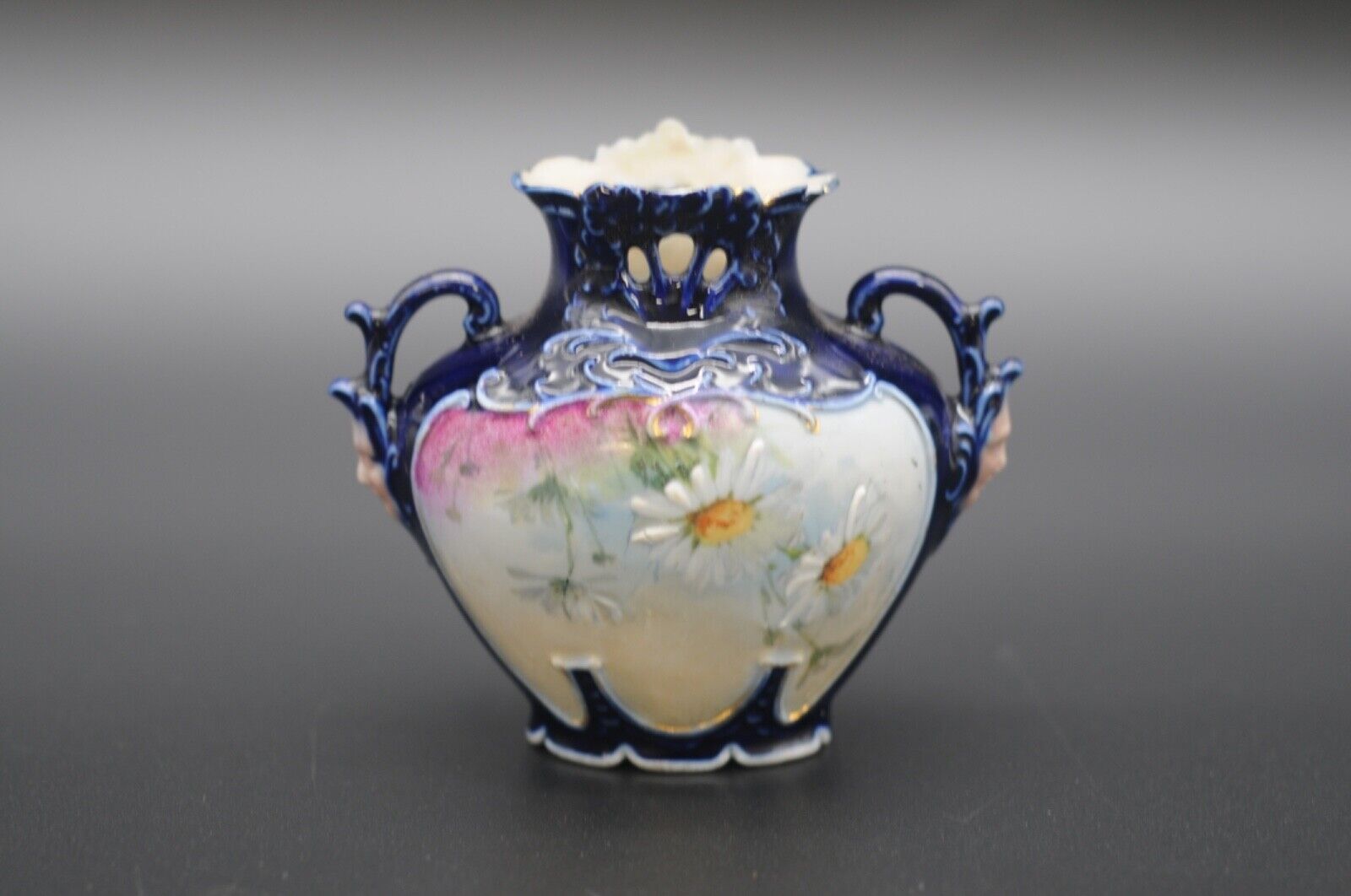 Rare Antique 1800s Art Nouveau Cobalt Blue Porcelain Vase Faces On Handles Flora