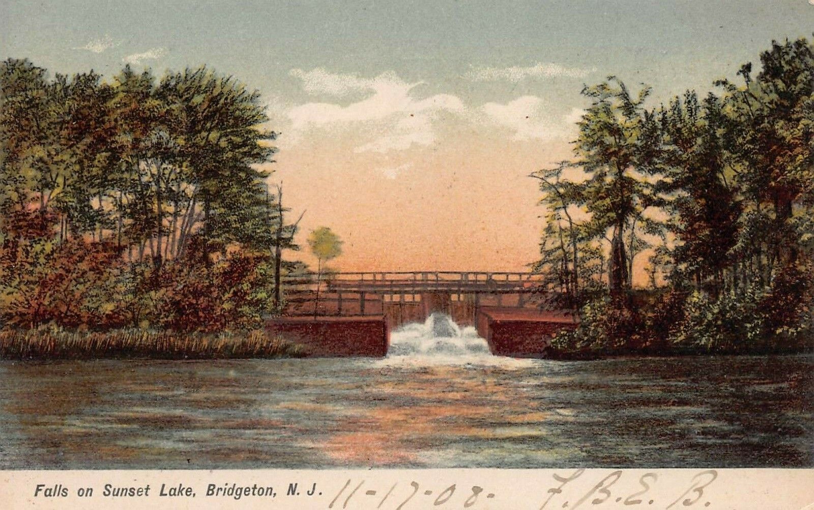 Falls on Sunset Lake, Bridgeton, N.J., 1908 Postcard, Unused 