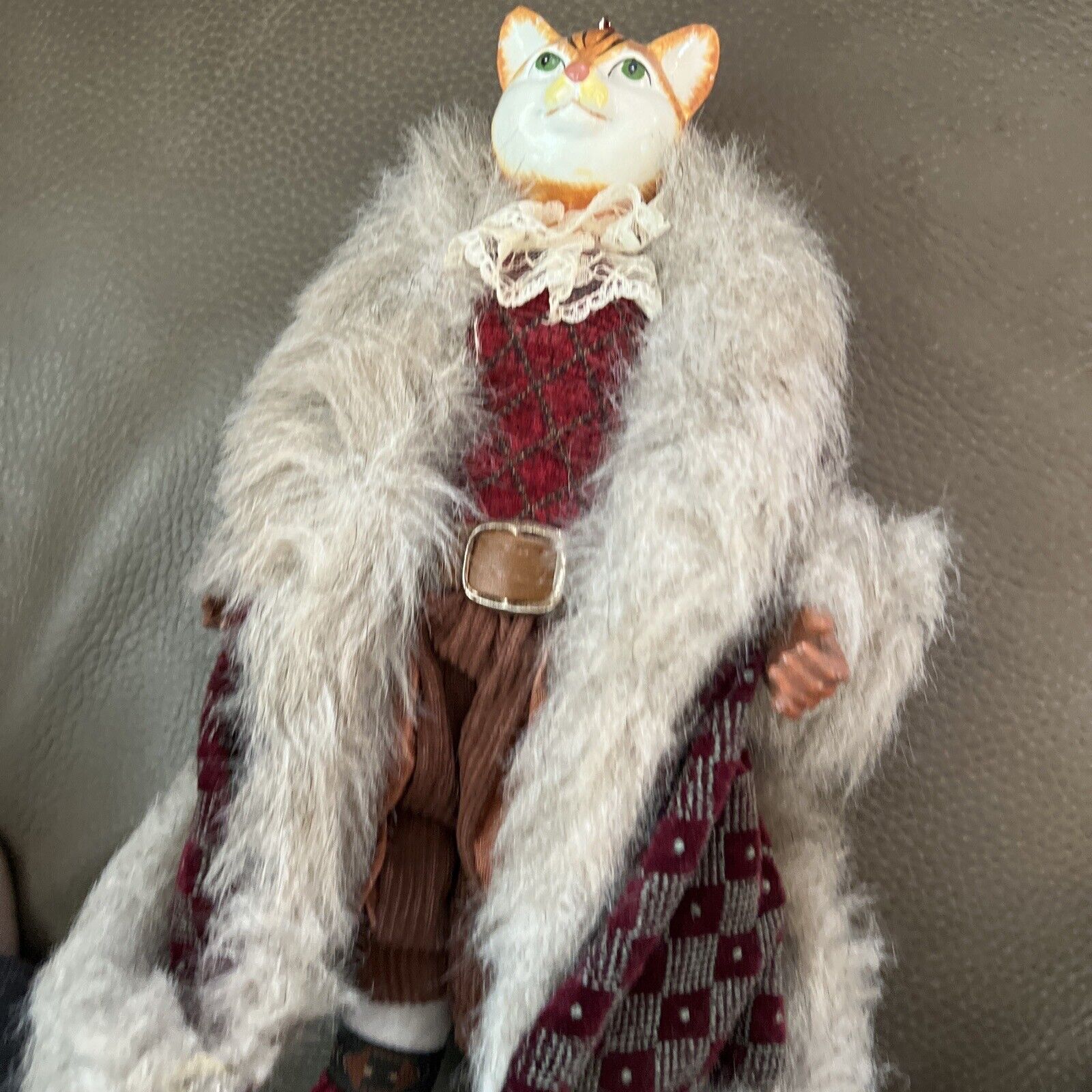 Vintage Fox/Cat Lady Figurine Doll Faux Fur Coat Corduroy Pants