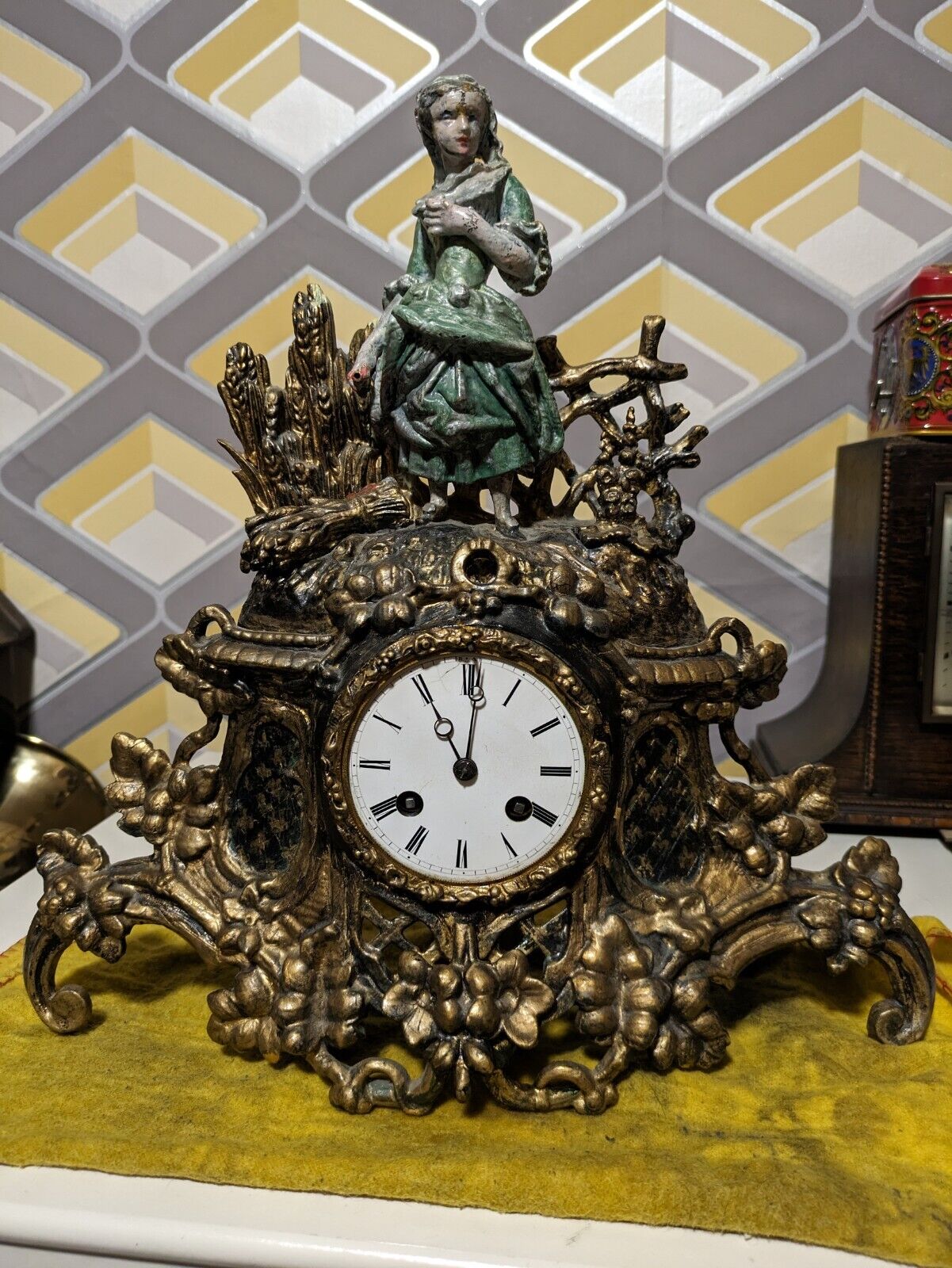 Antique E. Marguin Ormolu Mantel Clock, Japy Freres Movement Read Description 