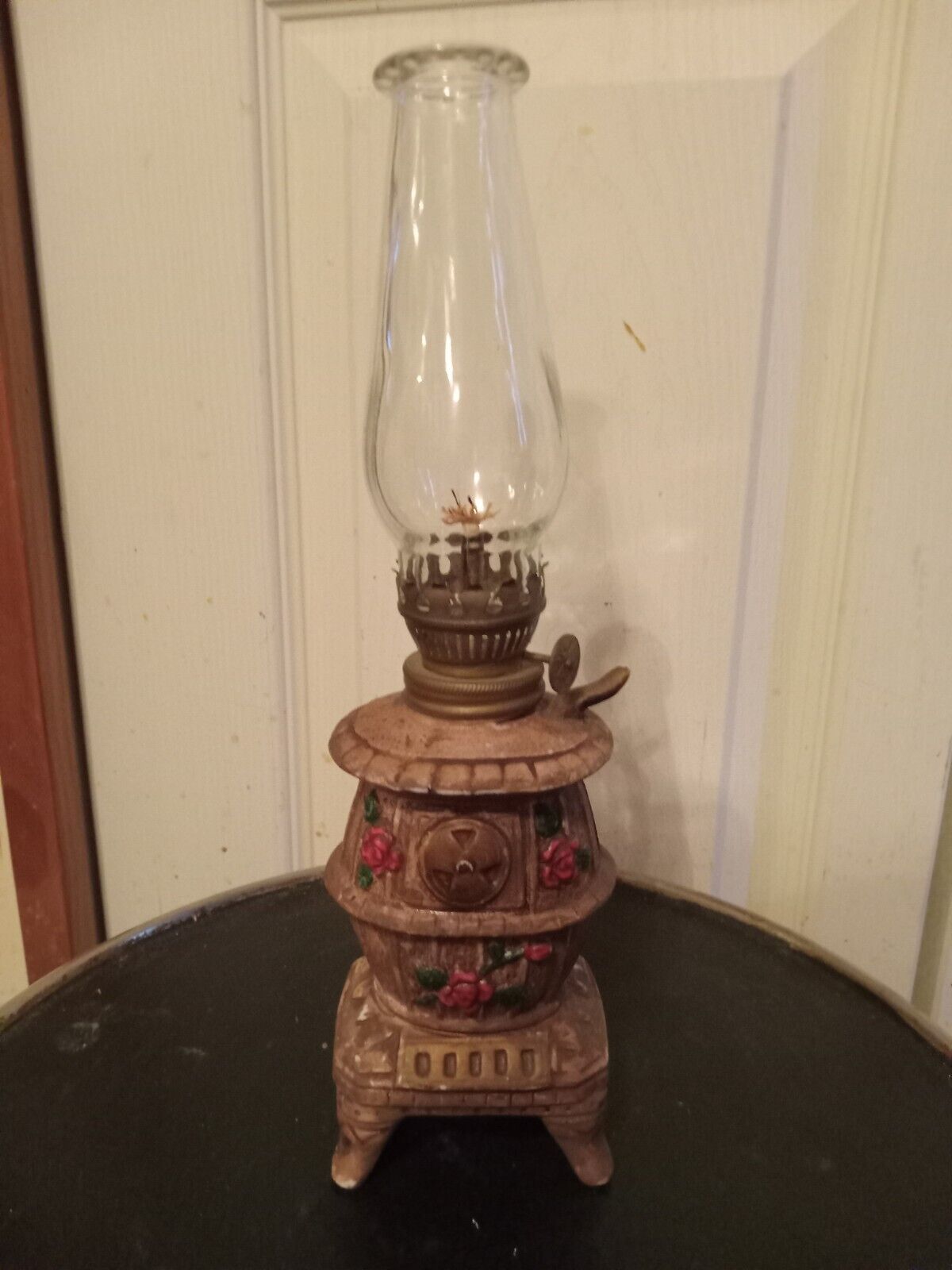 Vintage Miniature Pot Belly STOVE Oil Kerosene Ceramic Lamp w/GLASS  Shade 10.5\