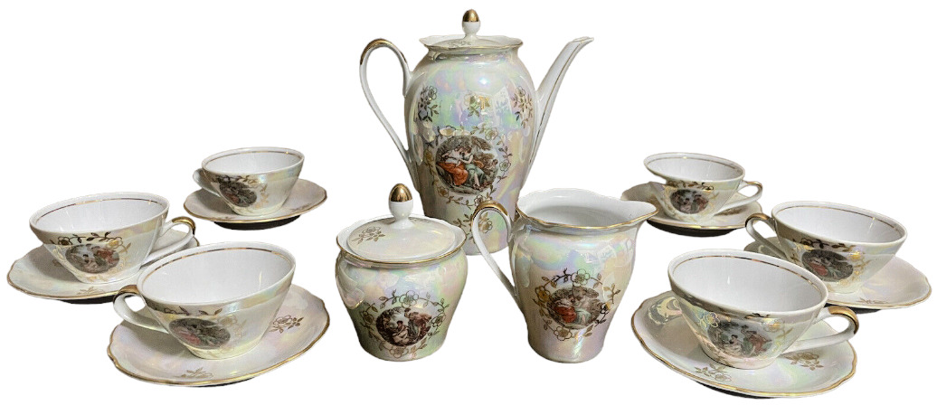 Kahla  GDR Fine German Porcelain Goddess Gold Gilt Luster Tea Set Pot Cup&Saucer