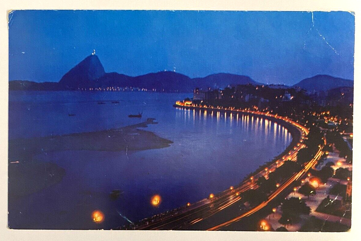 Pan American Vintage Advertising Postcard Brazil Rio de Janeiro Night Aerial