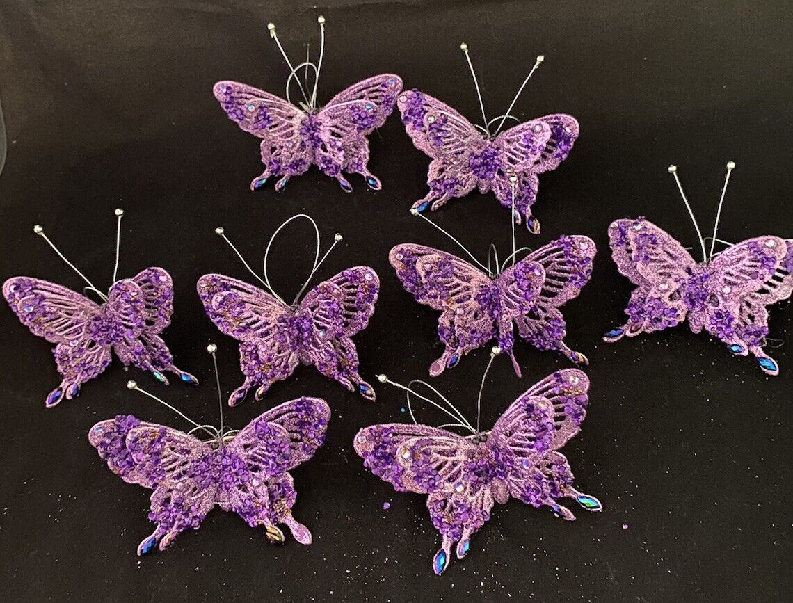 Ornaments Lot Of 8 Hang or Clip Purpley Pink Bejeweled Butterflies that Sparkle
