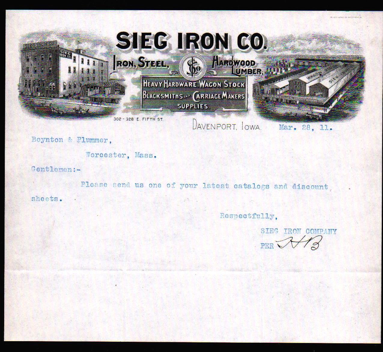 1911 Davenport Iowa - Sieg Iron Co - Hardware Lumber Wagon Stock - Letter Head