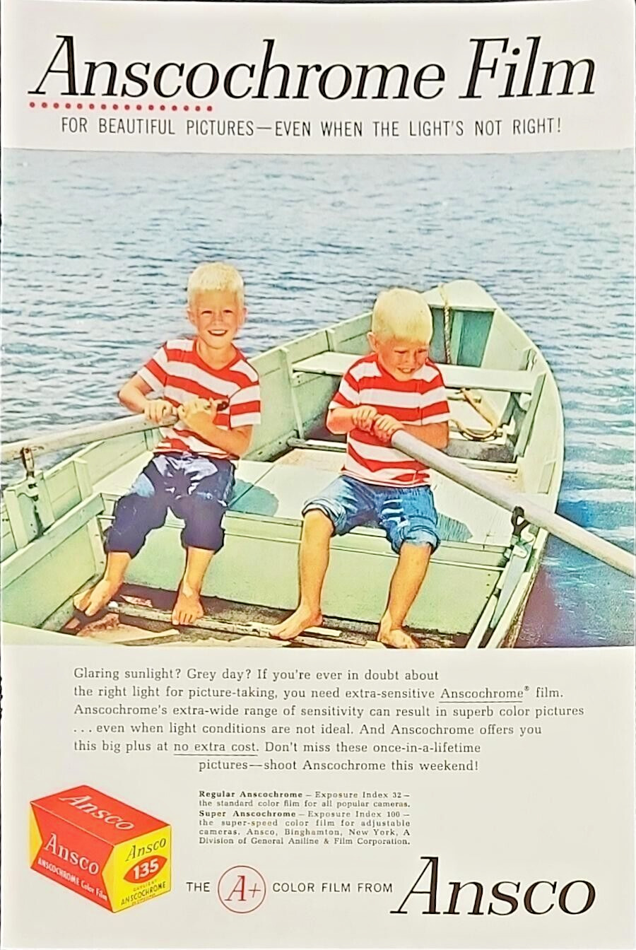 Vintage Ansco Color Film Kids In A Rowboat Travel Jan 1959 Photo Mag Print Ad