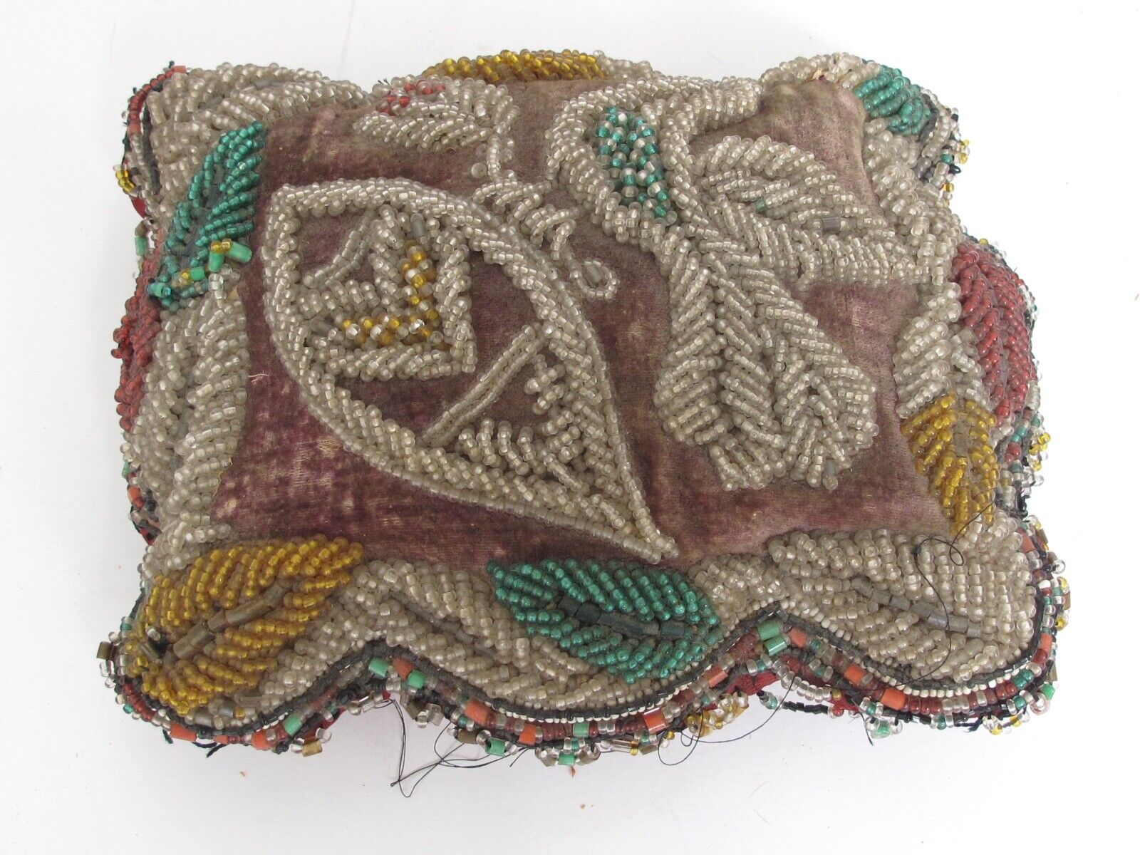 Antique 19th Century Iroquois Hand Beaded Pillow with Leaves and a Bird