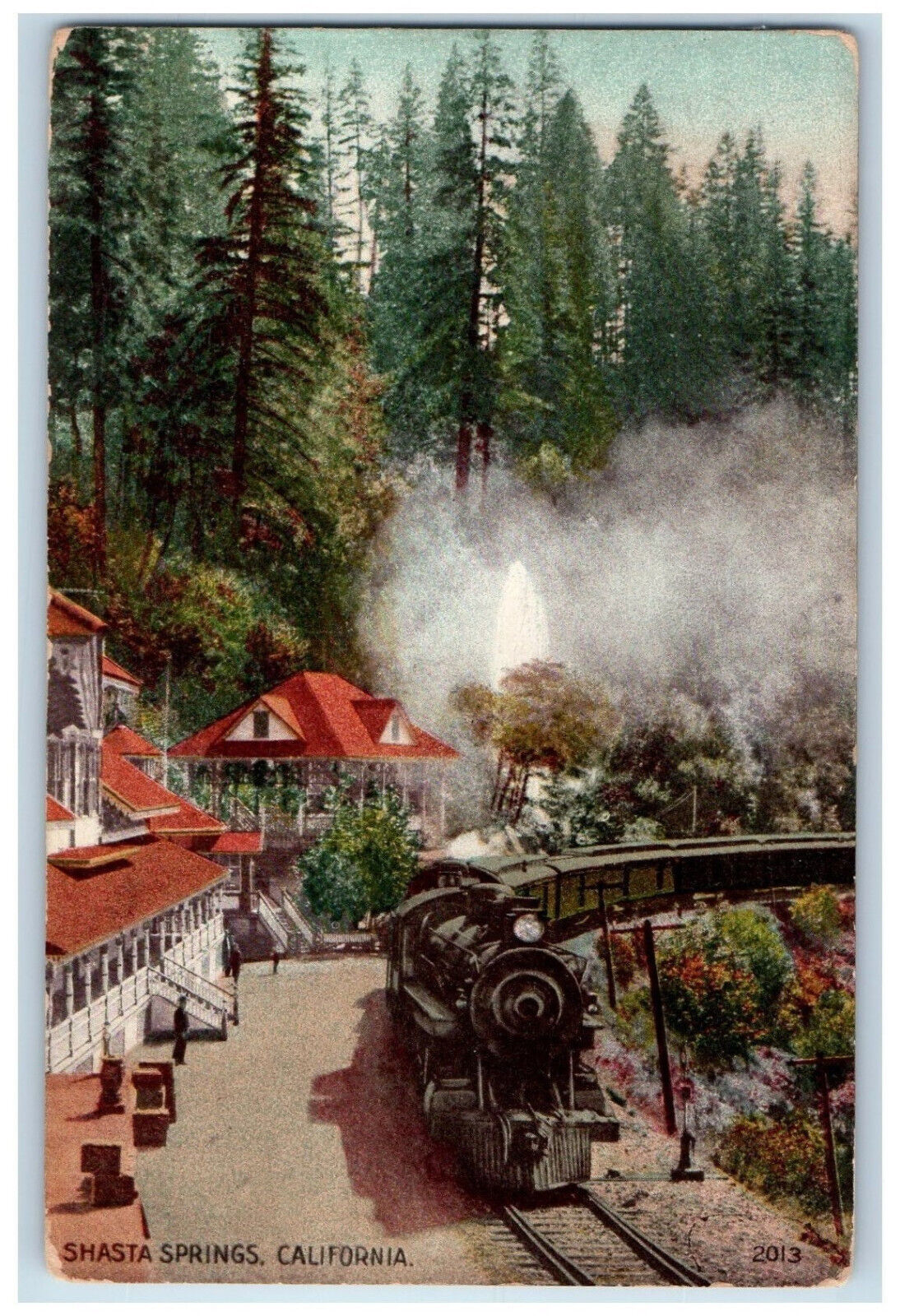 View Of Locomotive Train Approaching Shasta Springs California CA Postcard