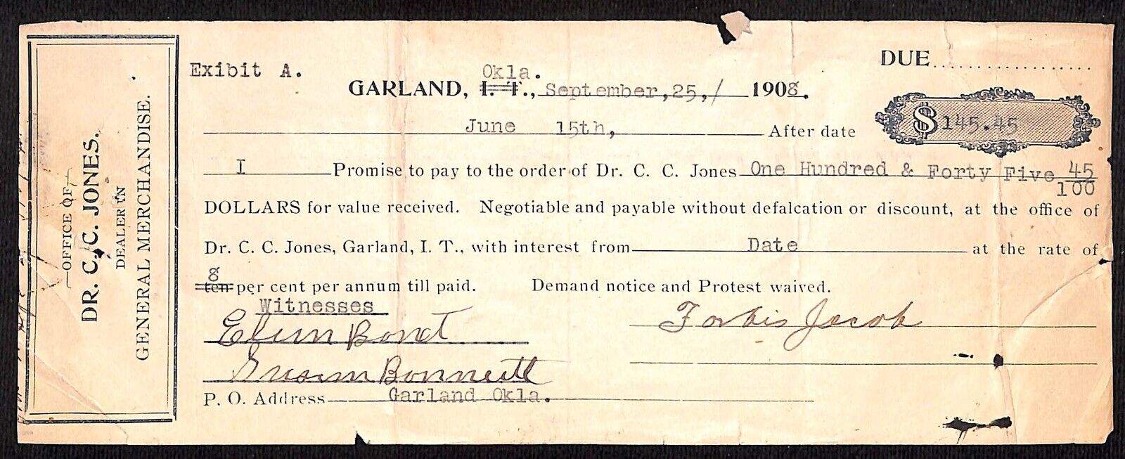 Garland, OK 1908 Indian Territory* $145.45 8% Promissory Note - Scarce