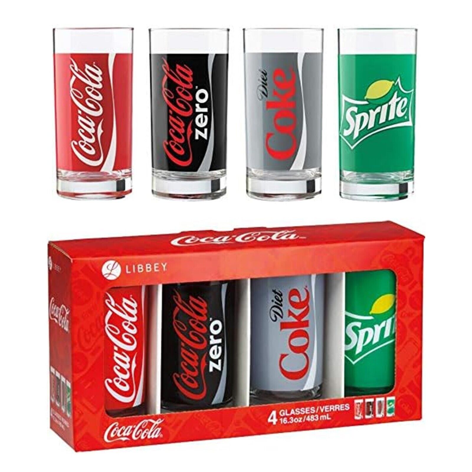 4-PC LIBBEY COCA-COLA LABELS COLLECTORS SERIES 16 OUNCE DRINKING GLASS SET NEW
