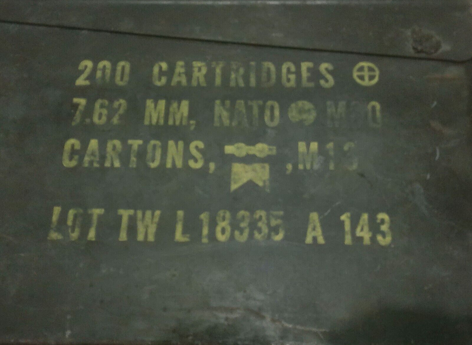 Ammo Box 7.62mm NATO 200 Cartridge M80 M13 LOT TW L 18335 A 143 RARE VINTAGE VET