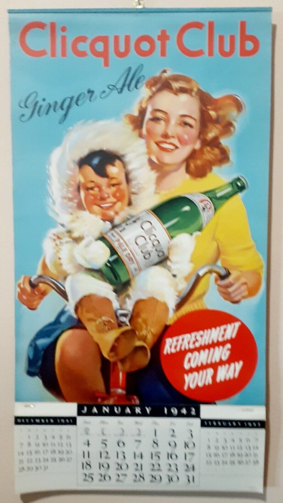 Vintage 1942 Calendar Clicquot Club Ginger Ale Litho USA EXCELLENT CONDITION NOS
