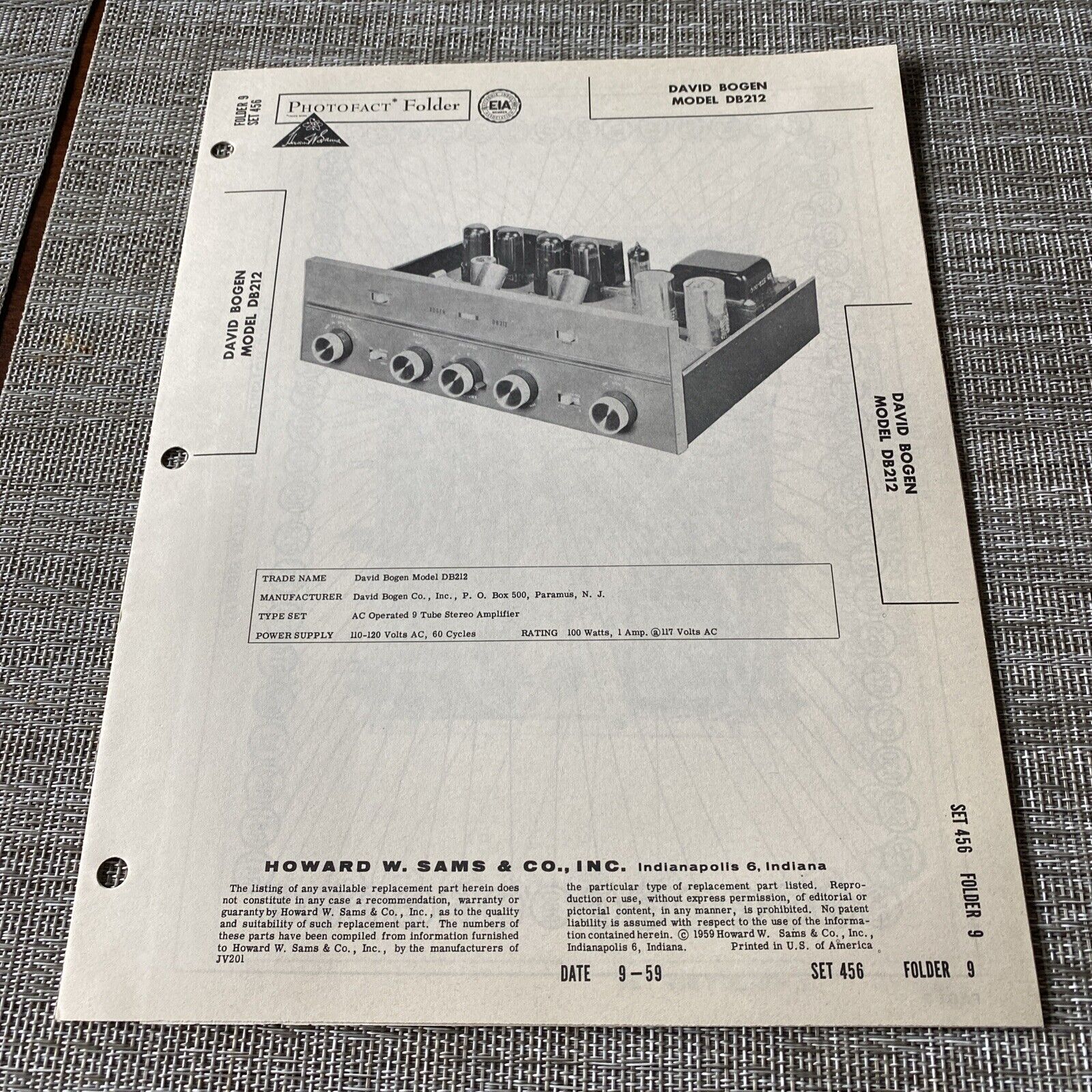 Vintage Original 1959 David Bogen Amp DB212 Wire Schematic Service Manual