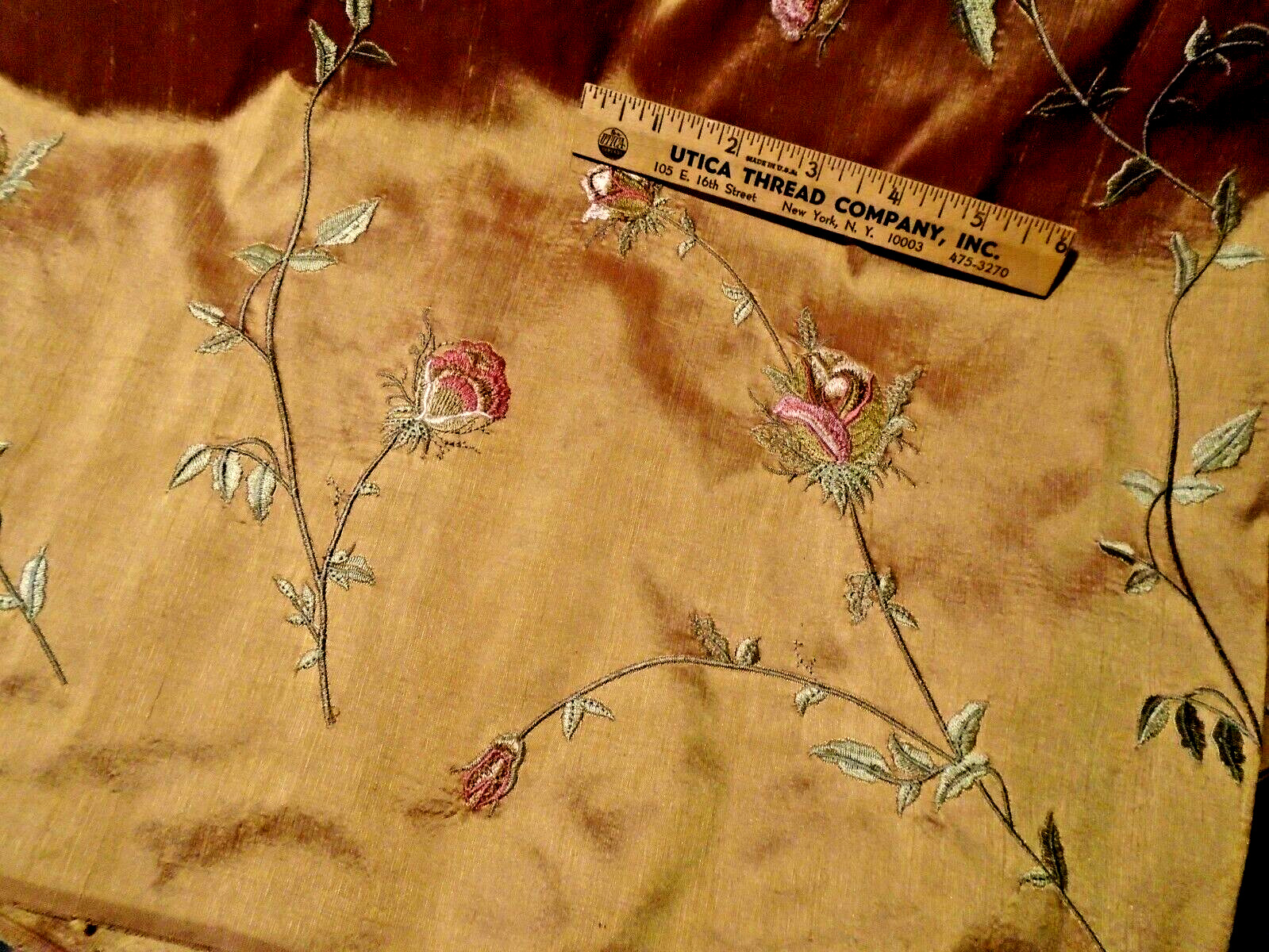 Silk taffeta embroidered fabric with roses - antique gold background - new BTY