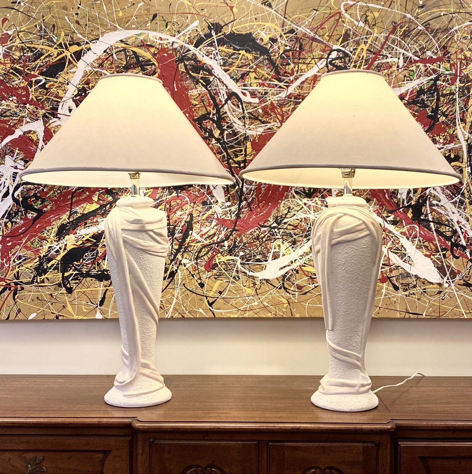 Monumental Pair of Plaster Draped Lamps in the style of John  Dickinson