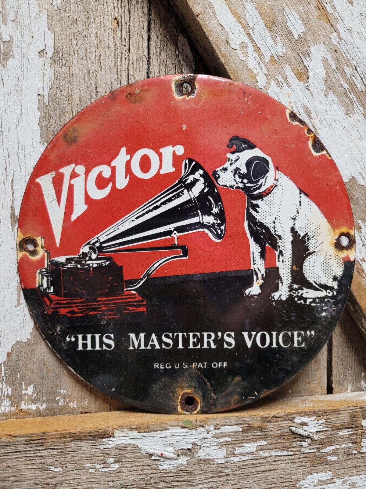 VINTAGE VICTOR PORCELAIN SIGN RCA HIS MASTERS VOICE NIPPER DOG VICTROLA MUSIC